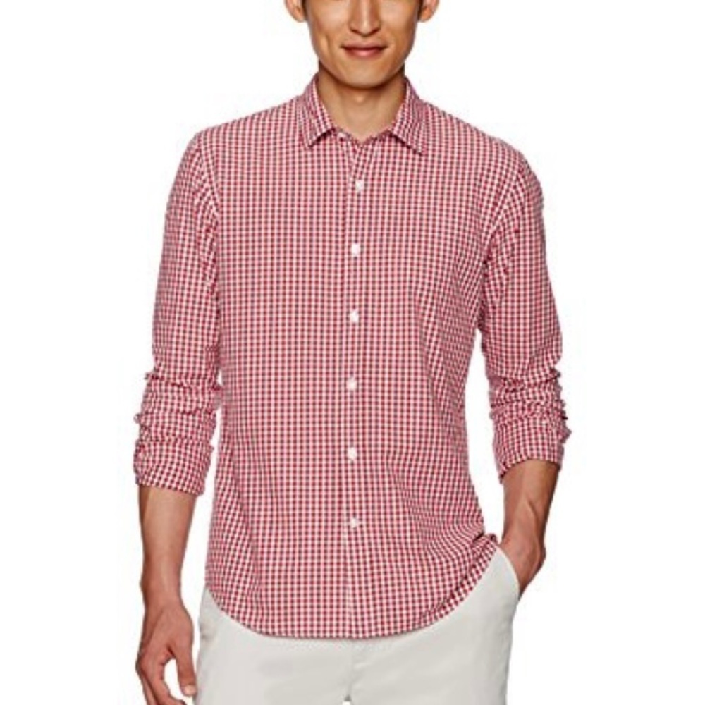 Goodthreads XL Mens Standard Long-Sleeve Gingham Plaid Poplin Shirt Red/White